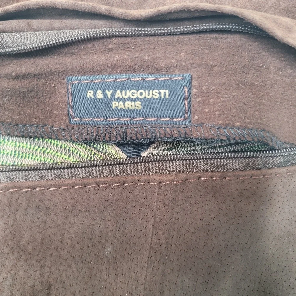 R & Y Augousti Paris Leather &‎ Suede Floral Green Brown 15x15 Throw Pillow RARE